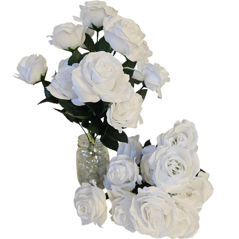 White Lillian Open Rose Bushes 24 Silk Flower 4" Heads 17" Tall Lot of 2 Wedding
